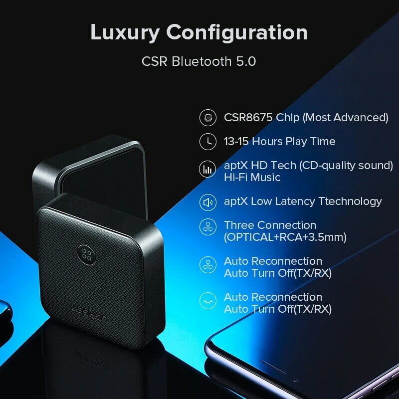 UGREEN Bluetooth 5.0 수신기 송신기 aptX HD CSR8675 TV 헤드폰 용 광학 3.5mm SPDIF Bluetooth AUX 오디오 어댑터