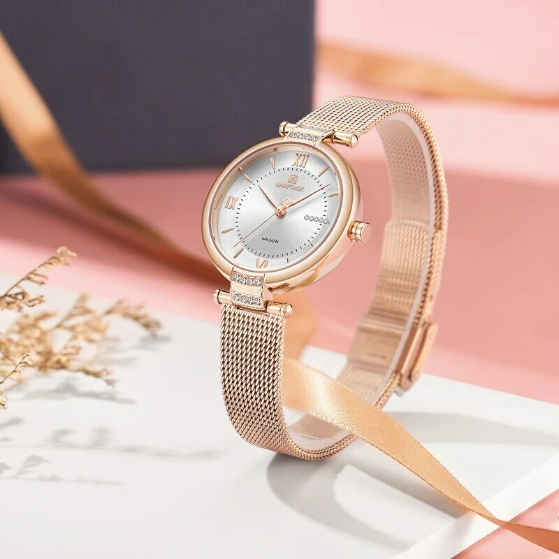 NAVIFORCE zegarki damskie luksusowa moda diamentowe zegarki damskie siatka ze stali nierdzewnej pasek damski zegarek kwarcowy dziewczyna Relogio