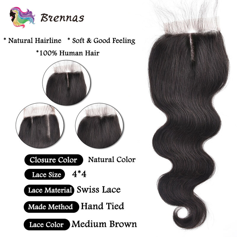 Малазийские волнистые человеческие волосы, искусственные волосы естественного цвета, волнистые человеческие волосы 3 дюйма с кружевной застежкой 4x4 Для Женщин