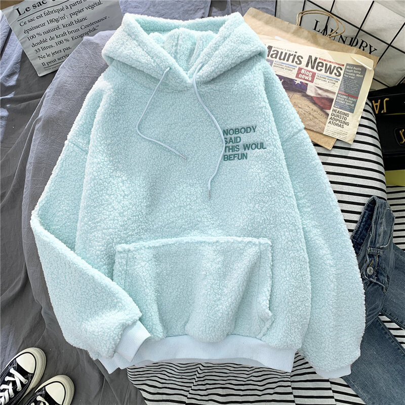New Autumn Winter Thick Warm Coat Velvet Cashmere Women Hoody Sweatshirt Solid Blue Pullover Casual Tops Lady Loose Long Sleeve