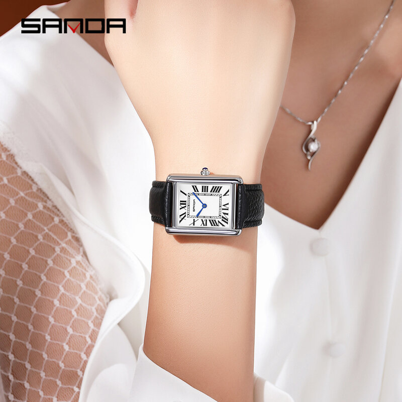 Sanda สี่เหลี่ยมผืนผ้านาฬิกาข้อมือนาฬิกาผู้หญิงเงินสุภาพสตรีนาฬิกาสุภาพสตรีนาฬิกาแบรนด์หรูหนัง Band Quartz นาฬิกา Zegarek Damski 1108