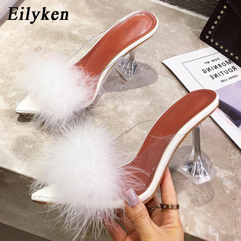 Eilyken-PVC perspex saltos altos de cristal para mulheres, mulas peep toe, chinelos para senhoras, sapatos de slides, penas transparentes, verão