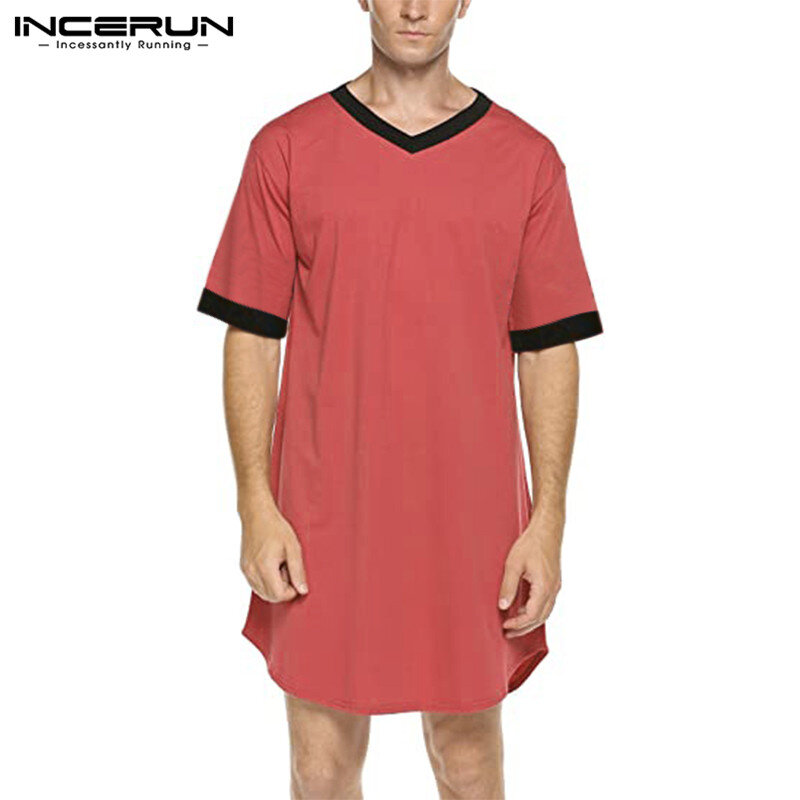 Men Nightgown Sleep Robes Short Sleeve V Neck Loose Comfortable Homewear Patchwork Dressing Gown Men Bathrobes Plus Size INCERUN