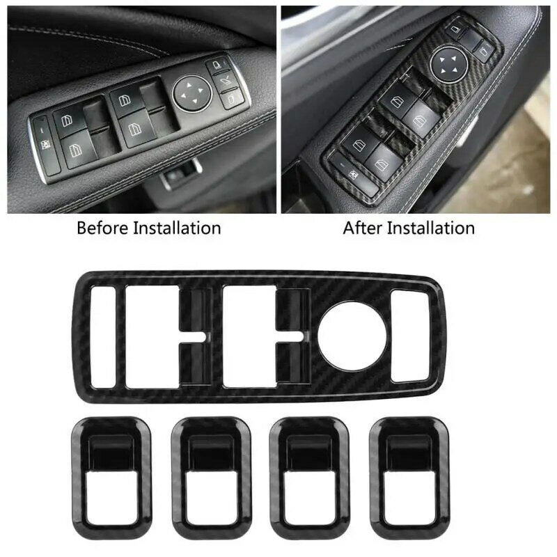 Interruptor de ventana de fibra de carbono para coche, marco de cubierta embellecedor de botón para Mercedes Benz A, B, C, E, Cla, Gla, Glk, Ml, Gle, clase W204, 5 uds.