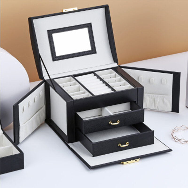 새로운 보석 상자 대용량 가죽 저장 서랍 유형 보석 상자 귀걸이 반지 목걸이 거울 시계 보석 주최자