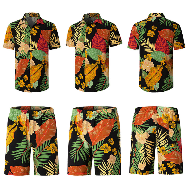 مخصص جديد رخيصة موضة الصيف شاطئ نمط حجم كبير قمصان هاواي والسراويل القصيرة للرجال التخييم الصيد الأسود طباعة قطعتين