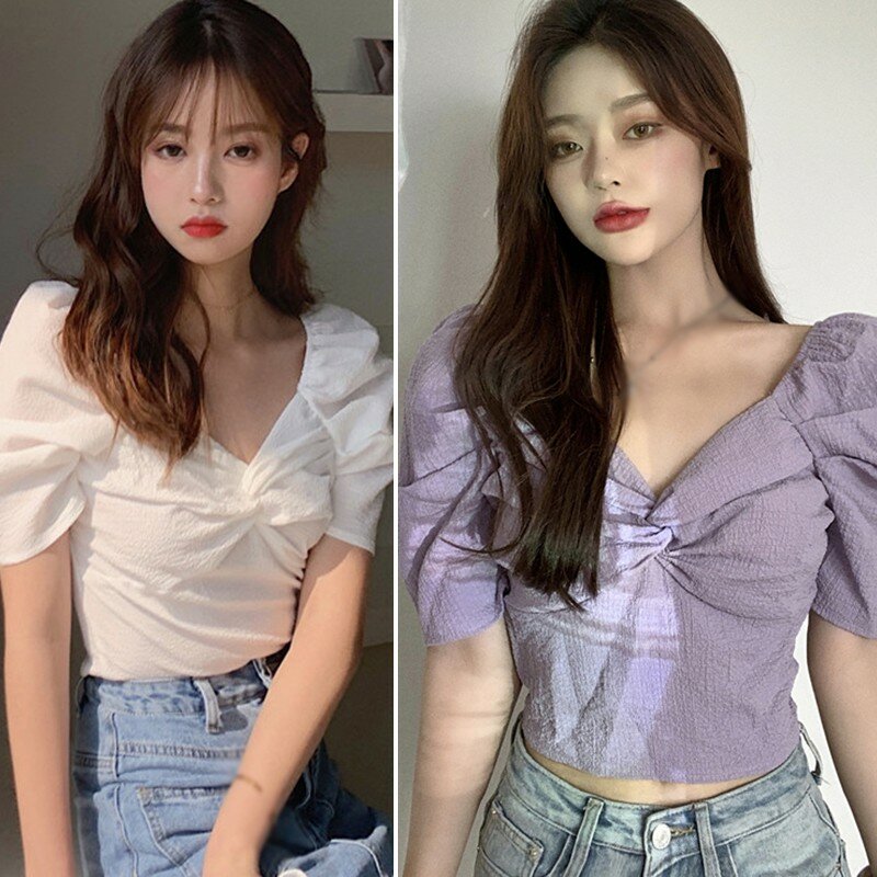 Blusa feminina manga curta lisa, camisa feminina gola v estilo coreano 2020