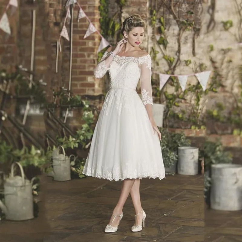 Gaun pernikahan elegan gaun pengantin Mini bahu terbuka A-Line bermanik renda panjang teh Lengan 3/4 gaun pengantin wanita Vestidos De Novia 2024