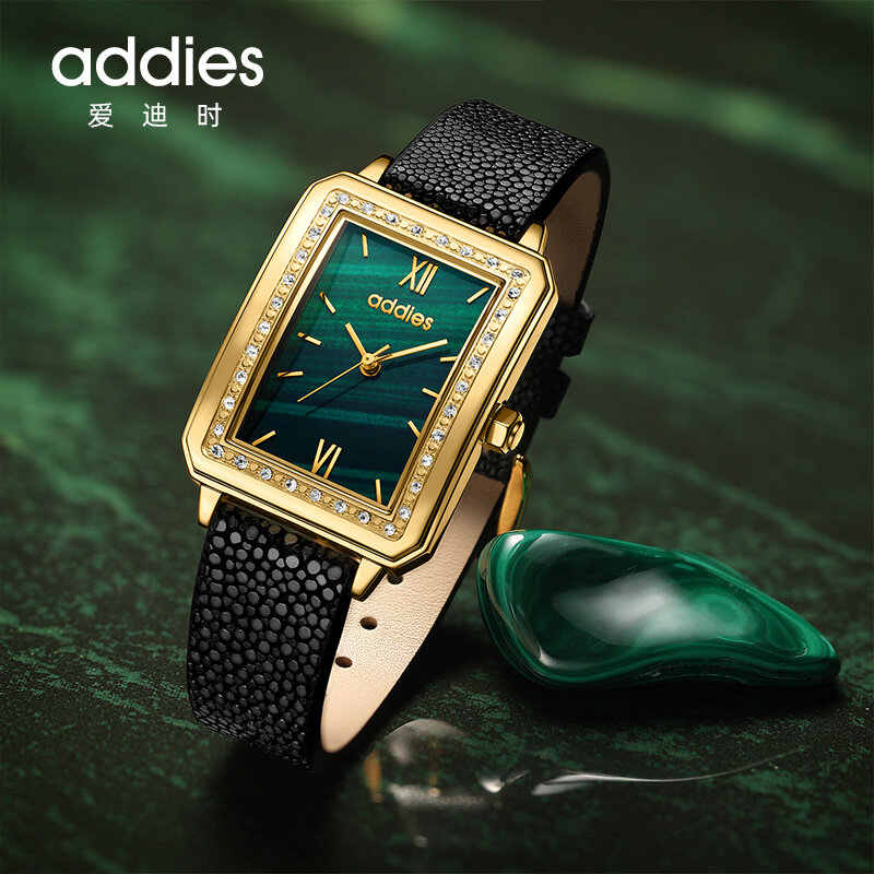 ADDIES marka kobiety zegarek ze stali nierdzewnej Fashion Square Ladies zegarek kwarcowy zegarek na pasku zielona tarcza prosty złoty luksusowy zegarek damski