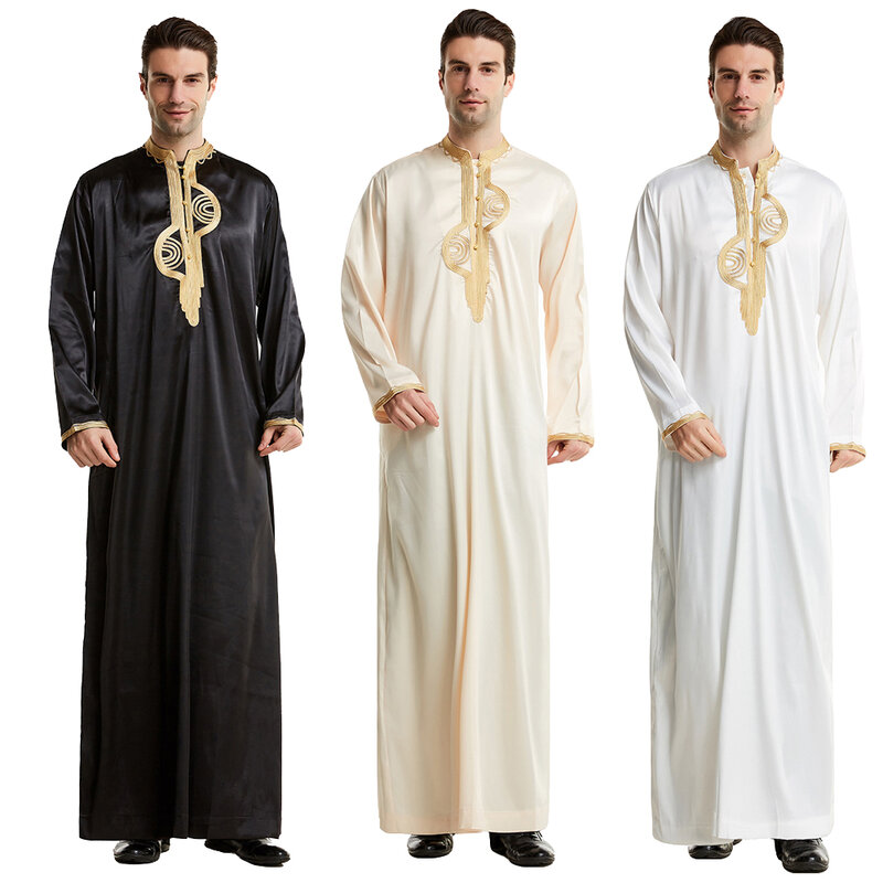 Men Dishdasha Muslim Long Sleeve Dress Daffah Thobe Jubba Saudi Arab Thoub Kaftan Islamic Clothing Robes Abaya Dubai Middle East