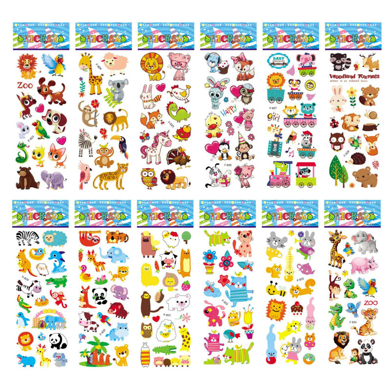 3D Puffy Bulk Cartoon Adesivos para Crianças, Zoológico, Animais, Frutas, Vários, Scrapbooking, Adesivos para Menina, Menino, Presente de Aniversário, 12 Folhas por Pacote