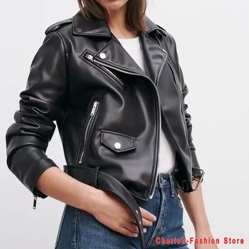 Куртка женская из искусственной кожи с поясом, повседневный свободный Байкерский жакет, верхняя одежда в стиле бойфренд, черная кожаная куртка, пальто, черный цвет