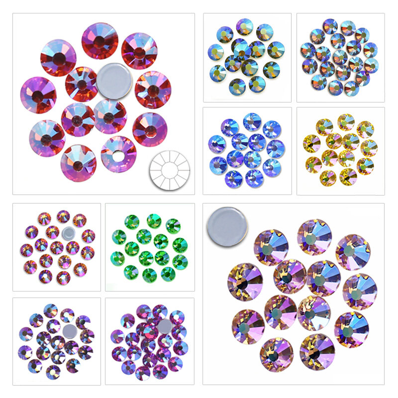 Diamantes de imitación duraderos AB Luster, varios colores, fijación en caliente, Strass, Parte posterior plana, cristal de piedra, brillo para ropa