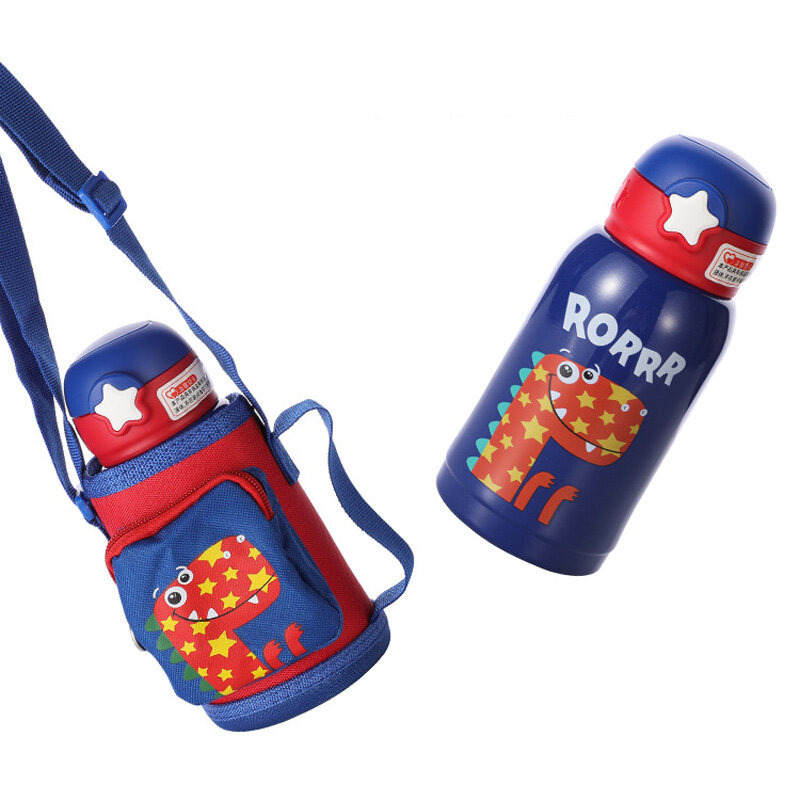 500ml 스테인레스 스틸 보온병 컵 어린이 물병 빨대 BPA 무료 유아용 음료 병, 어깨 끈 및 예비 뚜껑 포함
