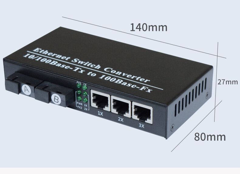 Commutateur de fibre Ethernet, convertisseur de fibre optique, mode unique, 2 ports de fibre, 10 m, 100m, 3 RJ45, 20km