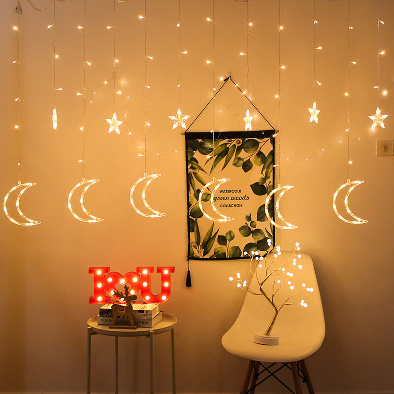 Led luzes da cortina de fadas guirlanda luz da corda estrela lua forma ue/eua plug natal quarto sala estar cortina decoração luz