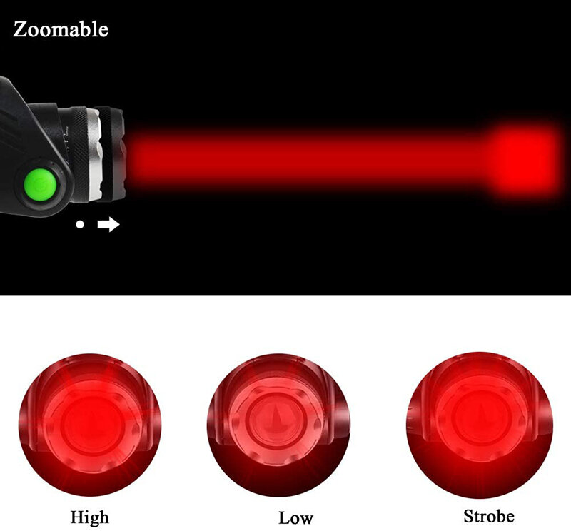 Farol LED Zoomable com 3 modos de iluminação Farol resistente à água, Corrida, Camping, Caminhadas, Leitura, Caça, Red Beam, D2, Caça, 660 nm