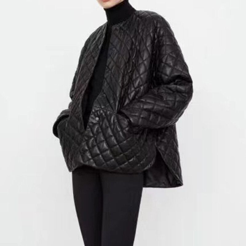 Women Clothing 2023 Winter Genuine Leather Jacket Female Simple Round Neck Diamond Embroidered Short Coat Doudoune Femme