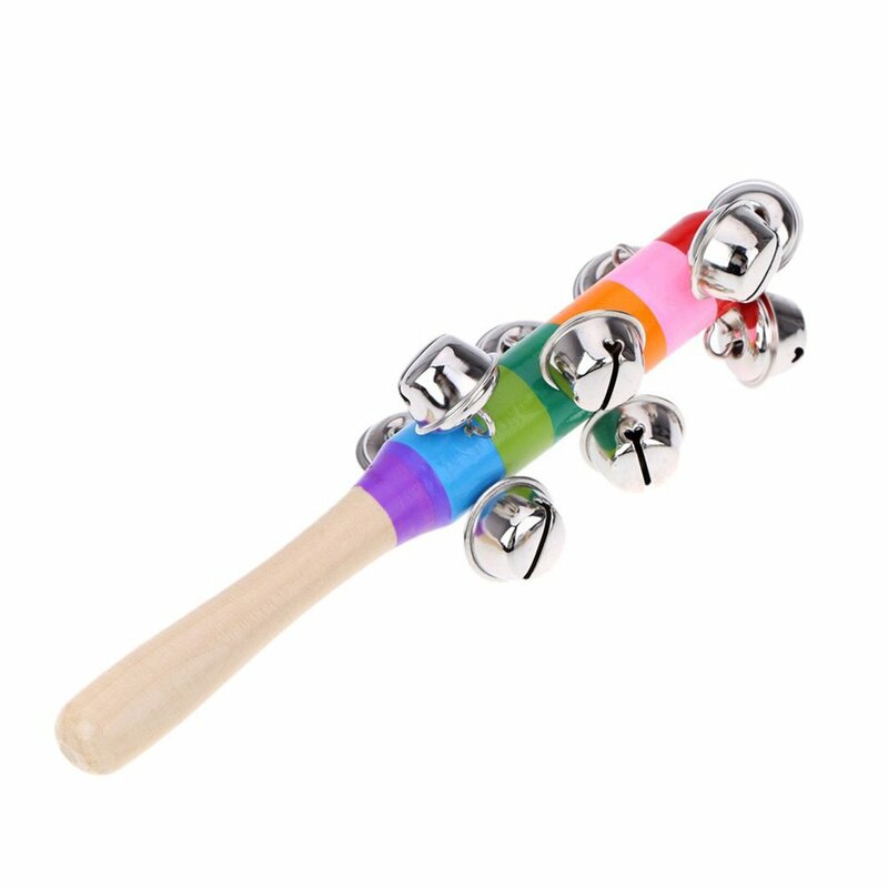 Baby Rattle Held Bell Stick Wooden With 10 Metal Jingles Ball Colorful Rainbow Percussion Musical Toy Baby Attetion Training Toy