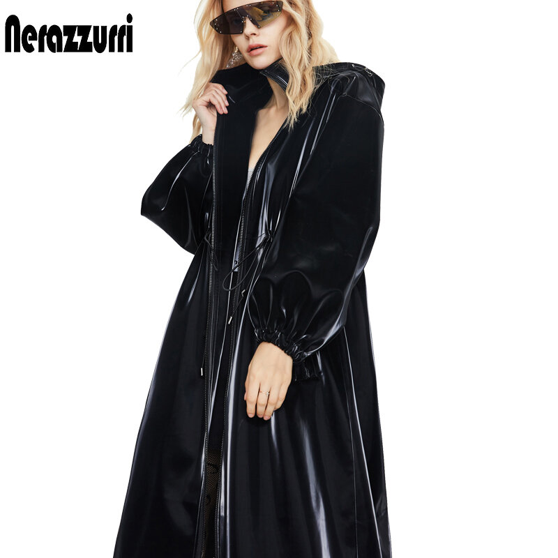 Nerazzurri Long black warm oversized shiny patent leather trench coat for women long sleeve Zip up fall fashion 2023 Windbreaker
