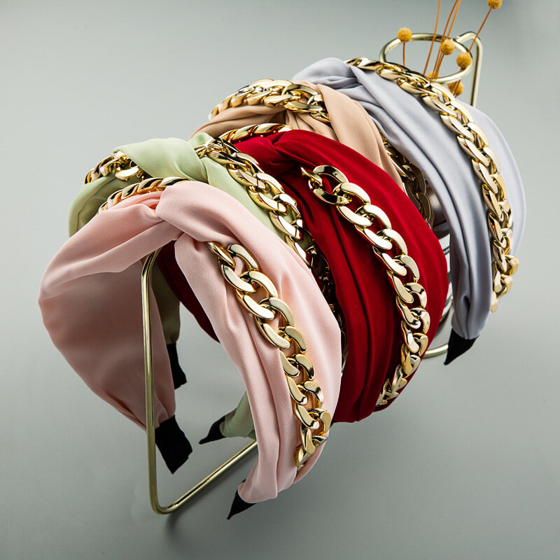 Faixa de cabelo elegante feminina, faixa de cabeça em algodão com corrente dourada, faixa de cabelo vermelha, acessórios femininos da moda