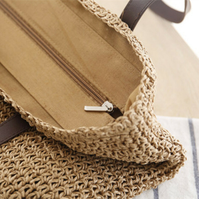 حقيبة نسائية منسوجة من القش ، حقيبة كتف بسيطة ، حقيبة يد ذات سعة كبيرة ، كاجوال ، شاطئ ، صيف