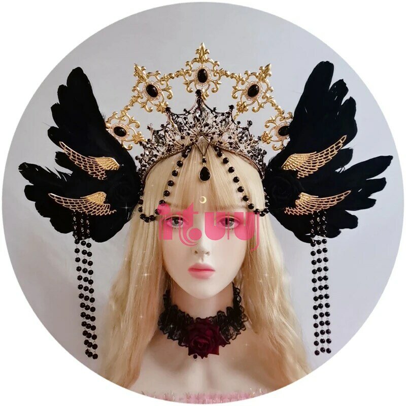 Catena di perline nere barocco gotico Rose Angel Wings Sun Godmother's Retro splendido Halo Lolita KC accessori per capelli corona