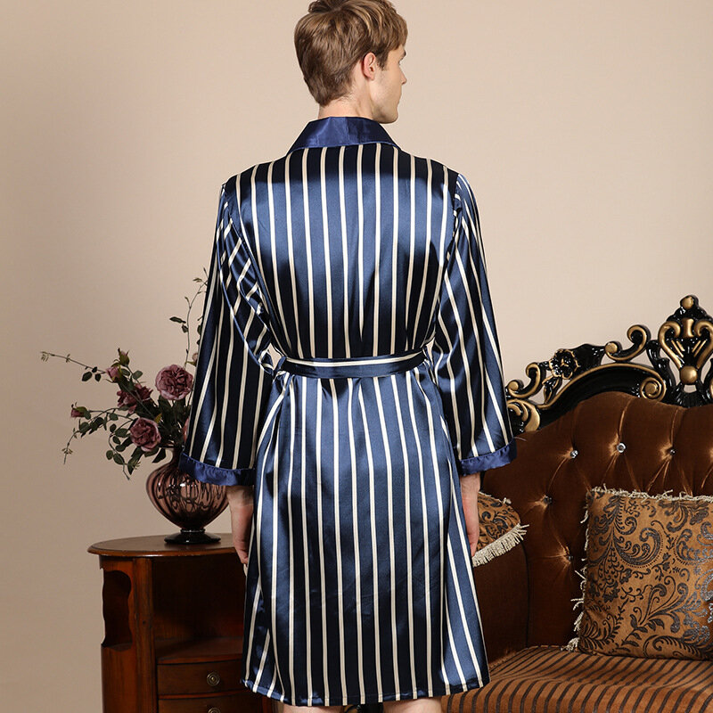 Plus Size 3XL 4XL 5XL Men's Robe Nightgown Satin Kimono Bathrobe Gown Casual Sleepwear Stripe Print Home Dressing Gown
