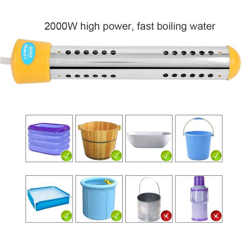 Pemanas air elektrik 2000W, Boiler air panas celup kamar mandi kolam renang pemanas air 1.5m kabel AU Plug 220-240V