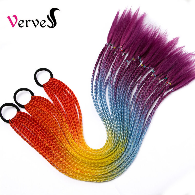 VERVES Synthetic Ponytail Hairpiece With Rubber Band Hair Ring 24 inch Box Braided Extensions for Children Girls Pink Rainbow