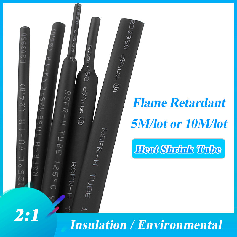 Tubo termo retrátil de 5/10 unidades, preto 1/2/3/4/5/6/8/10/10/12/14/16/18/20mm, tubulação termo retrátil, kit tubo retardador de chamas cabo de fio de tubulação de isolamento