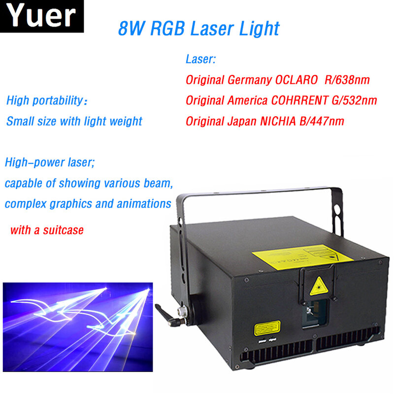8W RGB Laser Light HighPower beam graphics animations Suitcase packing Semiconductor refrigeration DMX512  bar Disco stage light