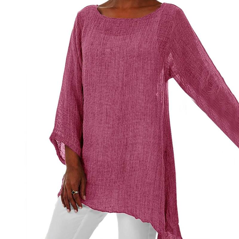 Gorąca bluzka damska solidna kolorowa bawełniana pościel O-Neck z długim rękawem nieregularna tunika wiosna lato koszule Oversized