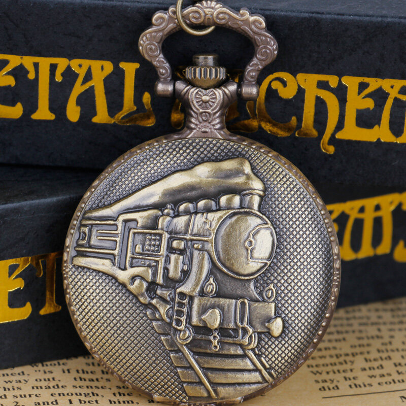 Montre de poche à quartz avec pendentif pour hommes et femmes, conception gravée sur le devant du train, collier avec FOB, cadeaux