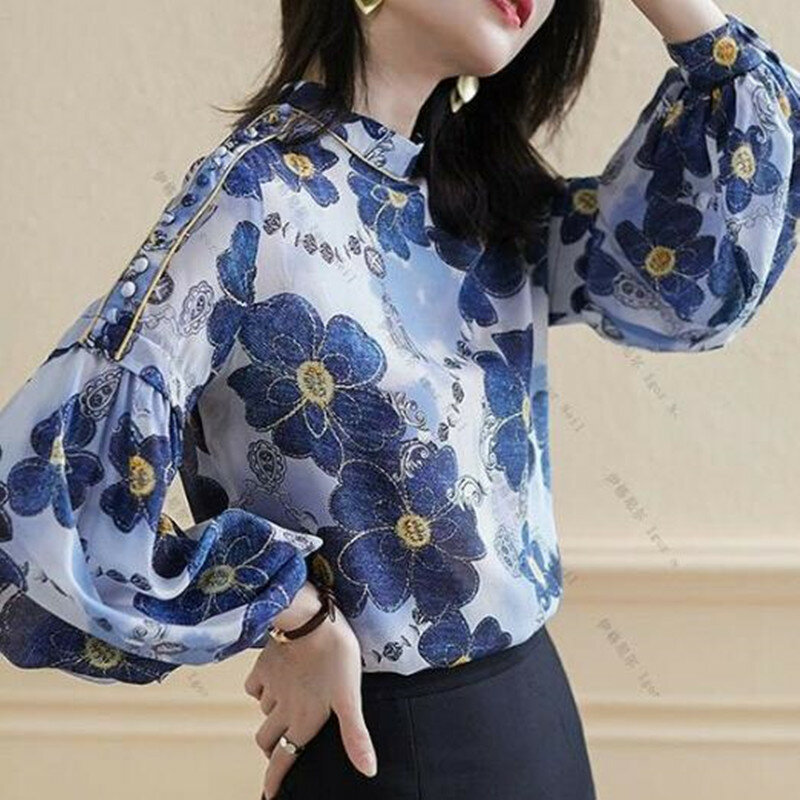 Wanita Elegan Penuh Blus Lengan Mandarin Collar Workwear Blus Kemeja UNTUK WANITA Wanita Vintage Tops Plus Ukuran Pakaian