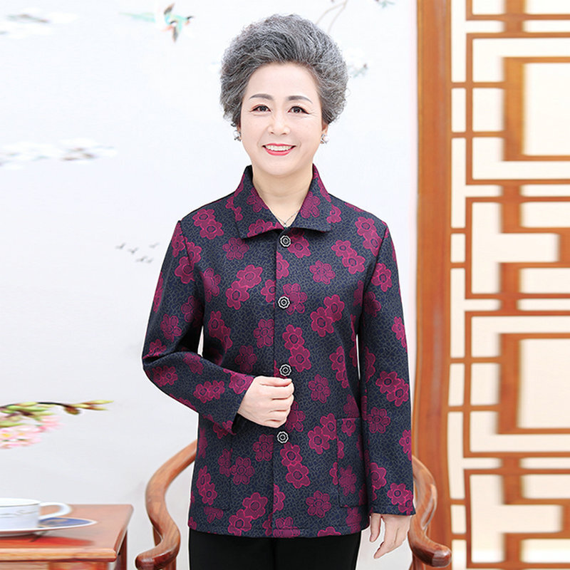 Elderly Women Casual Spring Autumn Shirts Red Purple Flower Printing Long Sleeve Top For Grandma Mother Clothes Plus Size 2020