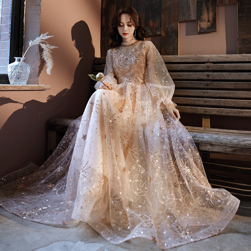 Женское длинное вечернее платье, элегантное бальное платье с длинным рукавом и блестками, расшитое бисером