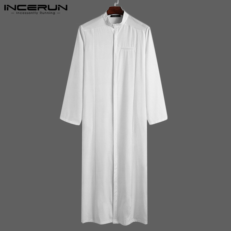 INCERUN-ropa musulmana de Color sólido para hombres, Túnica de cuello alto de manga larga, caftán árabe islámico, Jubba Thobe, Dubai, Oriente Medio