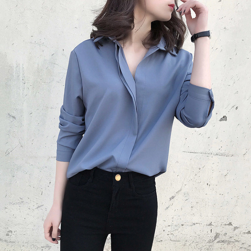 Блузка женская шифоновая с длинным рукавом, свободная рубашка с V-образным вырезом, однотонная, большие размеры 3xl/4xl, весна/лето