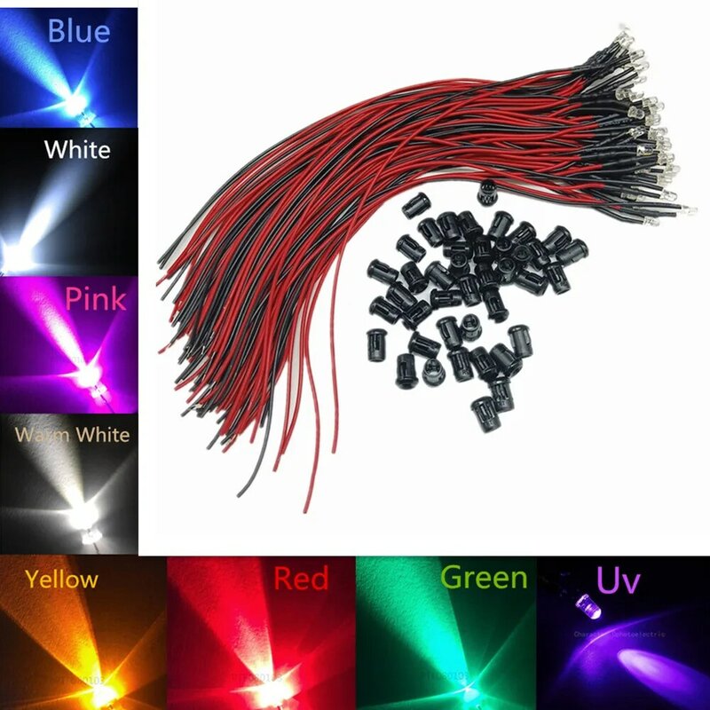 LED transparente de água com suporte de plástico, redondo, vermelho, verde, azul, branco, UV, DC 12V, 3mm, 5mm, 50-100pcs