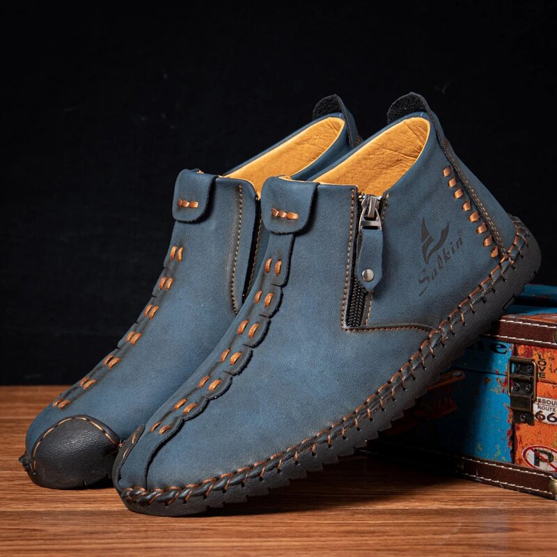 Ręcznie szyte skórzane buty męskie trampki wygodne wsuwane mokasyny mężczyźni Zip miękkie skórzane buty męskie gorąca sprzedaż Zapatillas Hombre 2021