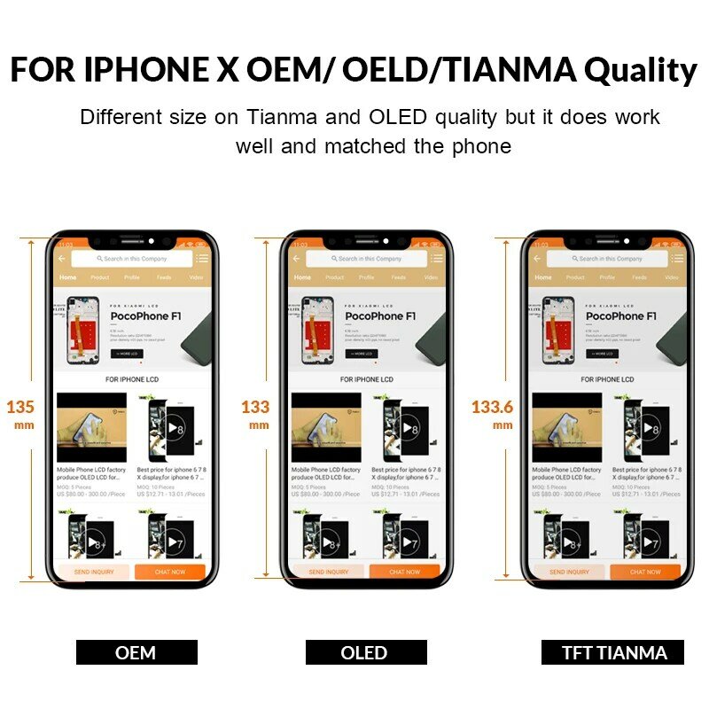 Kelas untuk iPhone X S Max XR LCD Display untuk Tianma OLED OEM Touch Screen dengan Digitizer Pengganti Perakitan Bagian hitam