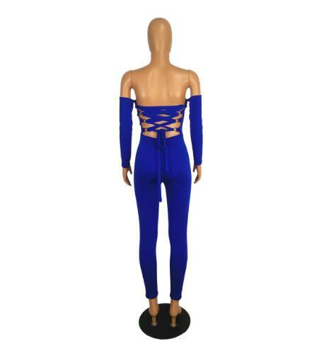 Летняя новая стильная женская одежда синий без бретелек с открытой спиной комбинезон с длинным рукавом Длинные брюки