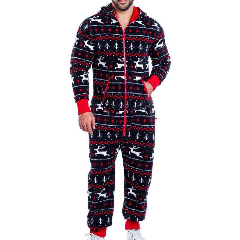 WENYUJH Herbst Winter Männer Warme Weihnachten Elch Druck Langarm Pyjamas Overall Freizeit Baumwolle Nachtwäsche Weichen Hause Kleidung