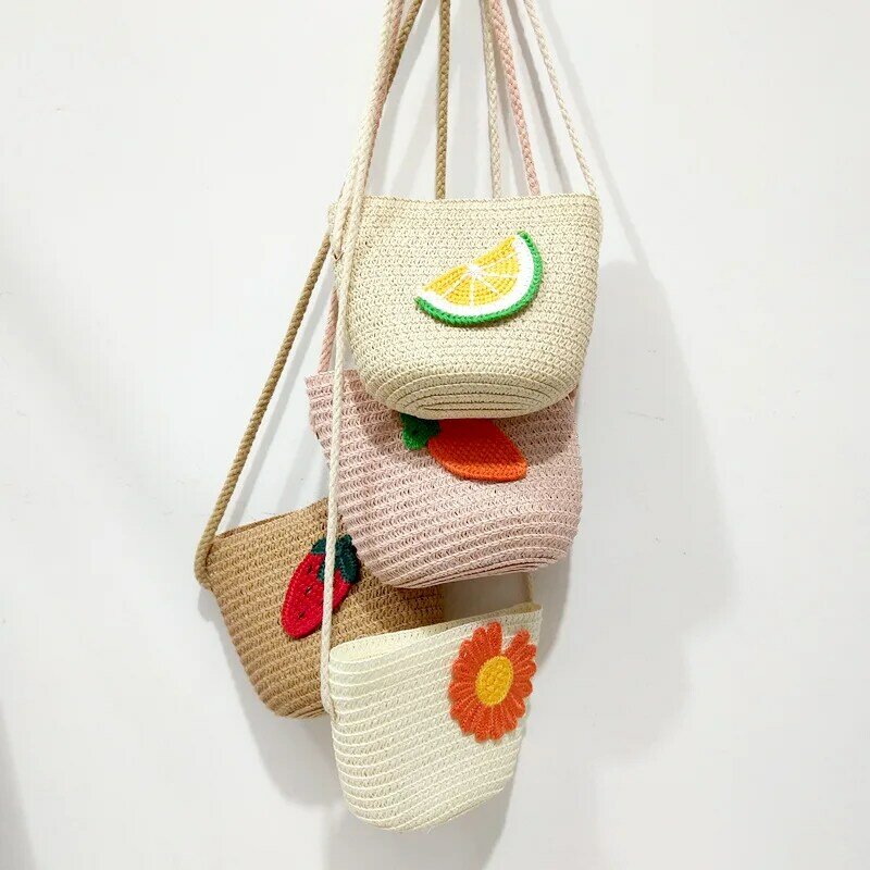 Mini bolsa de moedas de frutas, bolsa balde de palha e abacate para crianças, bolsa mensageiro infantil de tecido de frutas