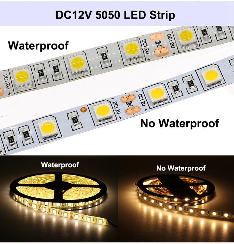 1M 2M 3M 5M 5050 LED 스트립 조명 60LED/미터 입력 12V 안전 테이프 BSOD DIY 화이트 레드 블루 그린 RGB 유연한 Led 라인 3M 스티커