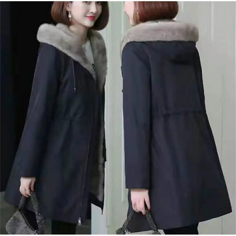 2021 New Winter Parka Women's Mid-Length Jacket Mujer Korean Version Of The Trendy Imitation Mink Fur Liner Faux Fur Coat Female