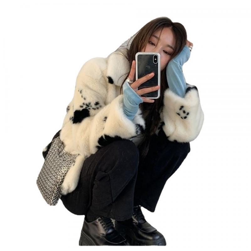 Корейское пальто из искусственного меха норки с маленькой коровьей кожей, женское короткое плотное черно-белое Пятнистое плюшевое мягкое меховое пальто, 2022