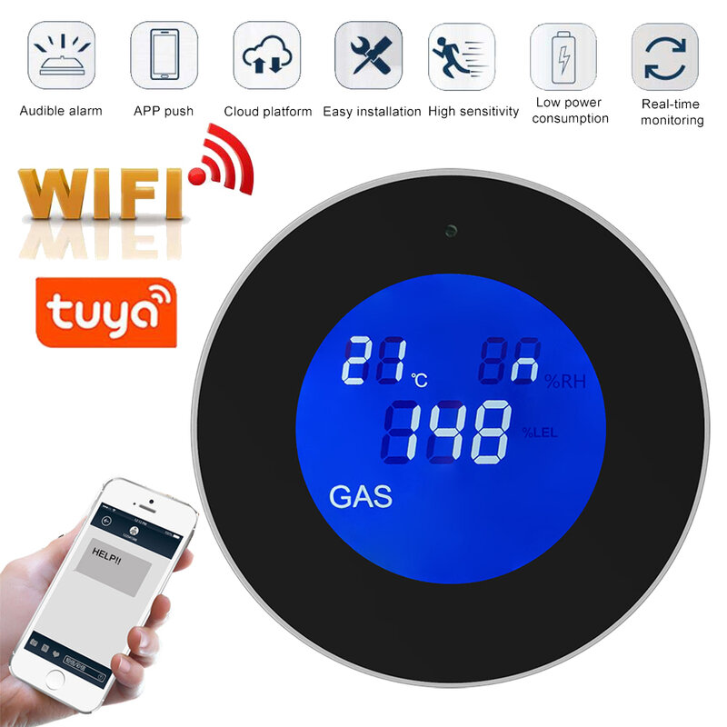 Tuya Wifi Smart Natürliche Gas Alarm Sensor Mit temperatur funktion Brennbaren Gas Leck Detektor LCD Display Smart Leben App