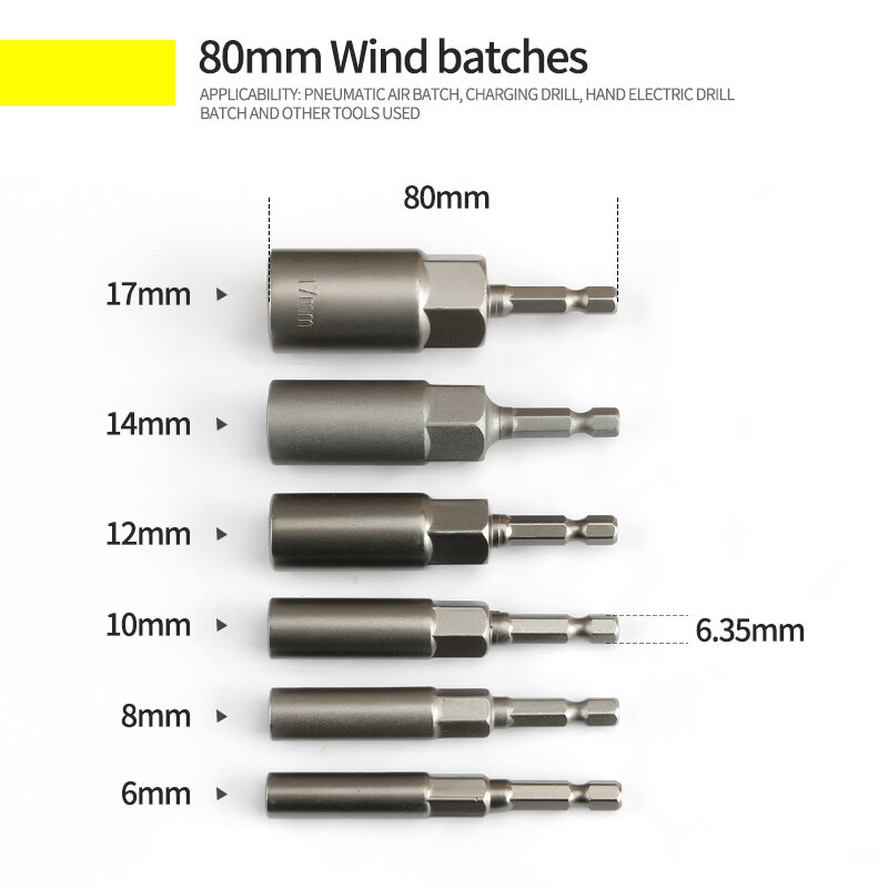 Набор ударных наконечников для болтов, 6-17 мм, 80 мм, 6 шт., 1/4 мм, 6,35 мм, с шестигранной головкой, для электроинструментов